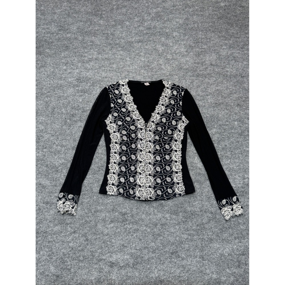 Kay Celine Womens Small Black White Floral Embroidered Hook Eye Long Sleeve Top